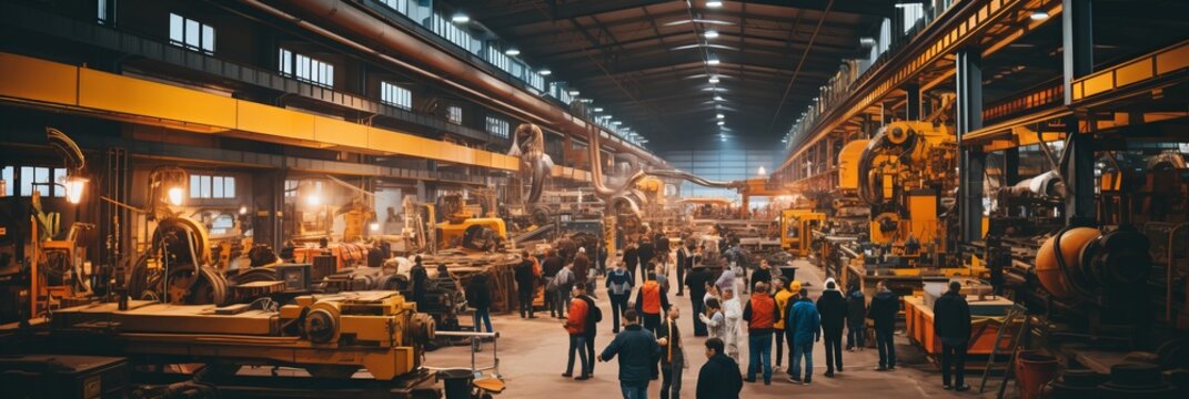 Dedicated workers diligently operating heavy machinery in a dynamic and bustling factory environment