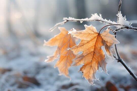  a close up of a leaf on a branch with snow on the ground in the foreground and a blurry background.