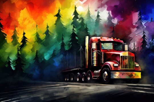  a painting of a semi truck in front of a rainbow - colored forest with trees on the side of the road.