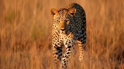 A leopard runs in the savannah