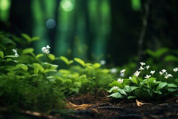  a group of small white flowers sitting on top of a lush green forest covered in leaves and grass next to a forest filled with tall trees.