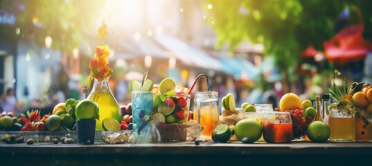 Tantalizing blurred bokeh background of bustling food festival with street food and festive drinks - obrazy, fototapety, plakaty