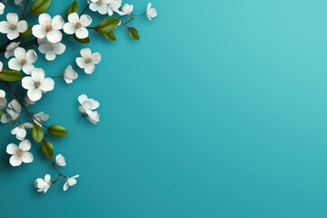  a branch of white flowers with green leaves on a blue background with a place for a text top view of a branch of white flowers with green leaves on a blue background.