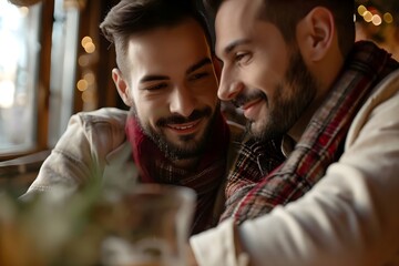 Young gay couple spending time together at cafe, focus on the man