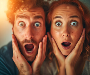 Shocked young couple with wide eyes and open mouths, surprise.
