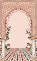 Traditional Moroccan ethnic arch, floor, pattern and rose flower. Islamic arabesque art and illustration for invitation