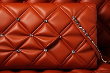  a close up of a red leather cushion with a chain on the end of the cushion and a chain on the end of the cushion.
