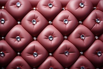  a close up of an upholstered red couch with diamonds and pearls on the back of the seat and the back of the couch.