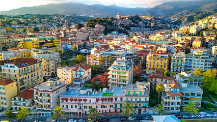 Naklejka premium Sanremo, Italy. Aerial view of city port and skyline