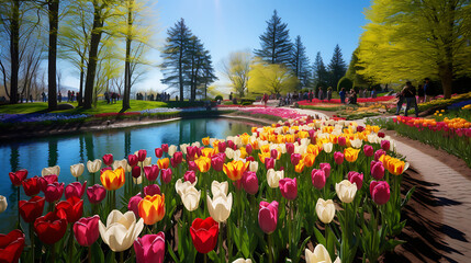 Witness the splendor of the Canada Tulip Festival, with friends and families leisurely exploring the tulip-filled landscapes, fostering an atmosphere of togetherness and natural beauty in realistic HD