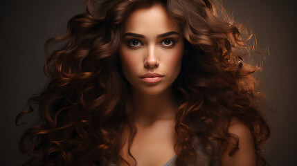 Fototapeta premium Beautiful Asian woman with long curly brown hair, looking at camera