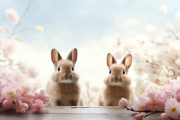 two cute tiny bunny rabbits, delicate flowers, dreamy style, ethereal light, eggs, easter