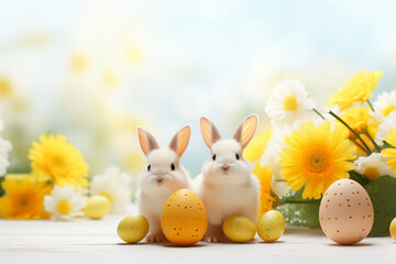 two cute tiny bunny rabbits, delicate flowers, dreamy style, ethereal light, eggs, easter