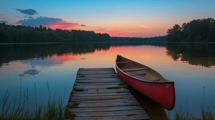 A calm lake with a wooden dock at sunset with a canoe resting by the waters edge.
