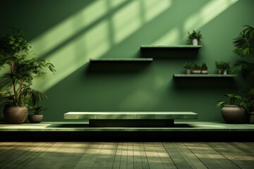  a room with a green wall and shelves filled with potted plants and a bench in the middle of the room.