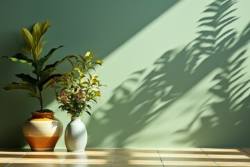  a couple of vases sitting on top of a wooden table next to a wall with a shadow of a plant on it.