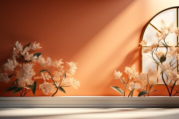  a window sill with a vase of flowers in front of it and a window with a round window pane in the background.