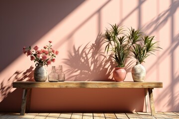  a wooden bench with two vases of flowers on top of it next to a wall with a shadow cast on it.