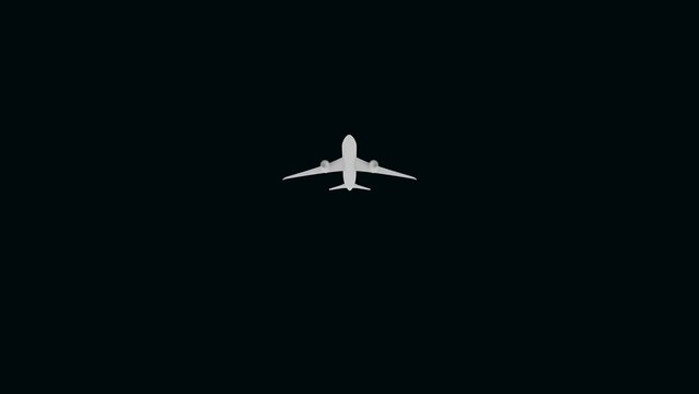 Frontal Airplane flying in dark night sky Render Animation. Overhead flying aircraft landing.