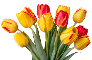 A bunch of yellow and red tulip flowers on a white transparent background
