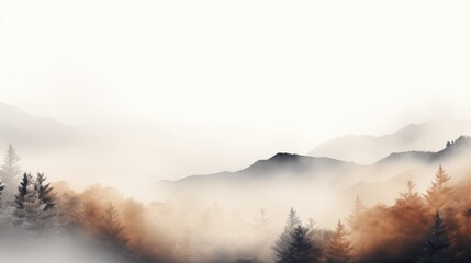  a painting of a mountain range with trees in the foreground and a foggy sky with mountains in the background.