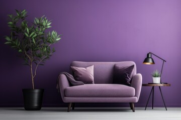 Fototapeta na wymiar a living room with a purple couch and a potted plant next to a table with a lamp on it.