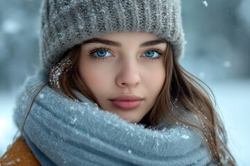 Beautiful young woman with dark hair of Slavic appearance in a red scarf and hat in winter, beautiful eyes. Expressive portrait.