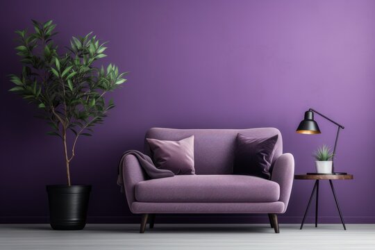  a living room with a purple couch and a potted plant next to a table with a lamp on it.