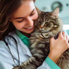 Smiling veterinarian cuddling with a tabby cat, care and comfort.