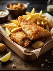 British fish and chips, the famous food in studio lighting and background, cinematic food...