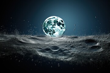  an image of a blue moon above the water on a dark night sky with stars and bubbles in the water.