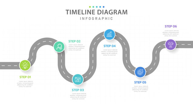 Infographic template for business. 6 Steps Modern Timeline diagram with road journey concept, presentation vector infographic.