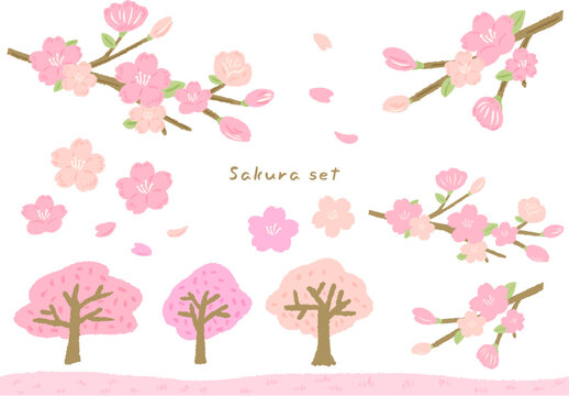 Cute simple hand drawn illustration set with cherry blossoms and cherry blossom trees and petals, textured / 桜と桜の木と花びら、テクスチャのあるかわいいシンプルな手描きイラストセット