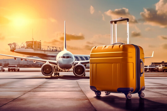 Travel suitcase and airplane on the airport runway. Travel and vacation concept