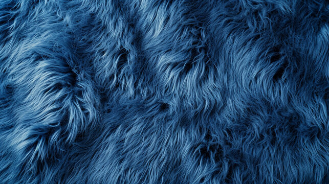 Blue fur for background or texture. Fuzzy blue fur plaid. Shaggy blanket background. Fluffy fake textile fur. Flat lay, top view, copy space
