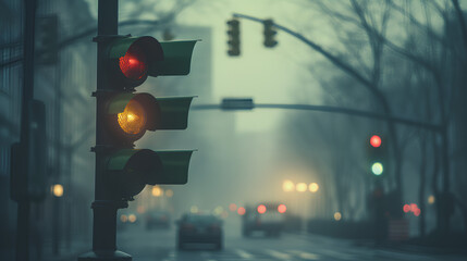 Red and Yellow light on pedestrian traffic light signalization in foggy winter morning - obrazy, fototapety, plakaty