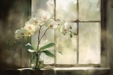  a vase filled with white flowers sitting on top of a window sill next to a green leafy plant.