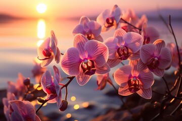  a close up of a bunch of flowers near a body of water with a setting sun in the back ground.