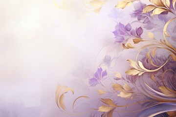  a painting of purple and yellow flowers on a white and purple background with a gold leaf design on the left side of the frame.