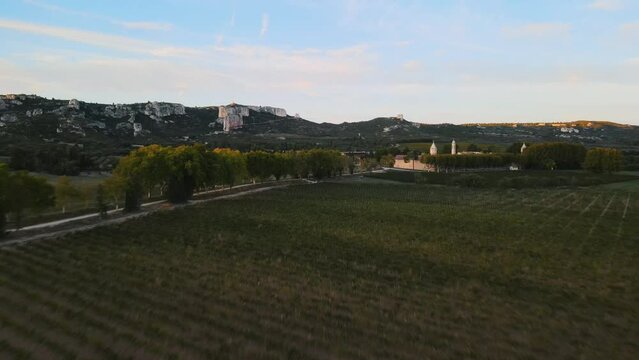 Drone view of sprawling vineyard, estate, and winery in Provence, France