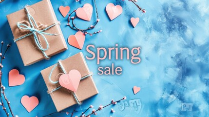 "Spring sale" message with a small gift box and paper hearts, Shopping banner.