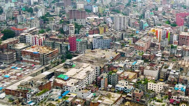Dhaka highly congested third world mega city aerial view over Bangladesh ghetto cityscape