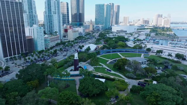 FPL Solar Amphitheater at Bayfront Park, Miami in Florida, USA. Aerial forward