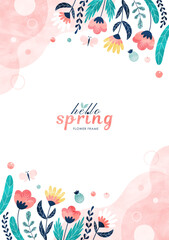春の花の背景フレーム カラフルな水彩のイラスト枠（縦）