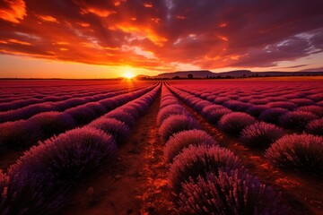  a field of lavender plants with the sun setting in the distance in the distance is an orange and purple sky.
