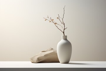  a white vase sitting on top of a table next to a rock and a dried plant in a white vase.