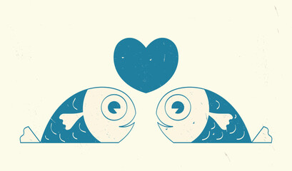 Valentine's day card design with fish in love in a simple graphic style. A drawing with two cute little cartoon fish and a heart in the middle. Design element, vector illustration in two colors.