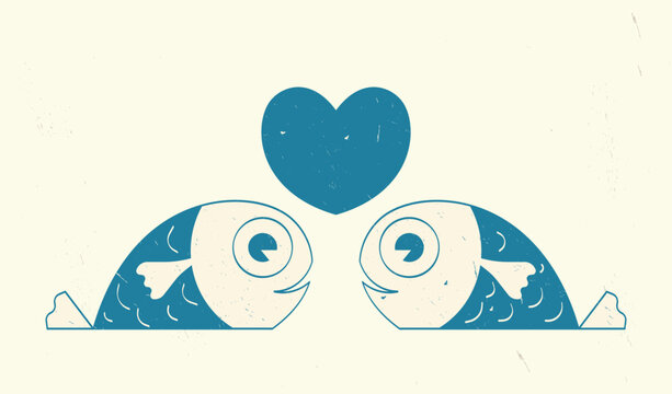 Valentine's day card design with fish in love in a simple graphic style. A drawing with two cute little cartoon fish and a heart in the middle. Design element, vector illustration in two colors.