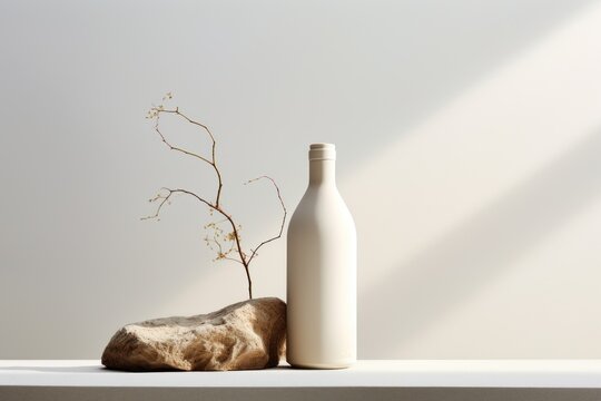  a white bottle sitting next to a rock and a plant in a vase on top of a white countertop.