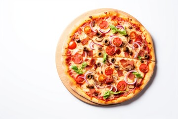  a pizza with tomatoes, olives, onions, and other toppings on a wooden board on a white surface.